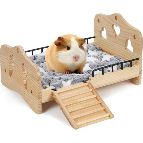 Enclos en bois pour cochon d'Inde avec escalier, balustrade et tapis, coussin moelleux, lit pour petits animaux, chinchillas, hamsters, furets et hérissons (1/5)