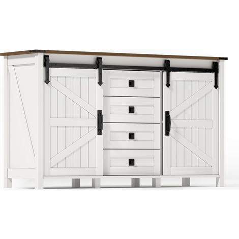 Credenza da 137 cm con ante scorrevoli e 4 cassetti in MDF bianco HOMVRA (1/5)