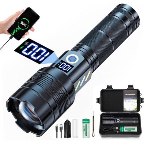 1 pièce Lampe de poche rechargeable, LED ultra puissante 120000 lm, zoomable 5 modes, lampe torche tactique pour camping et randonnée (1/5)