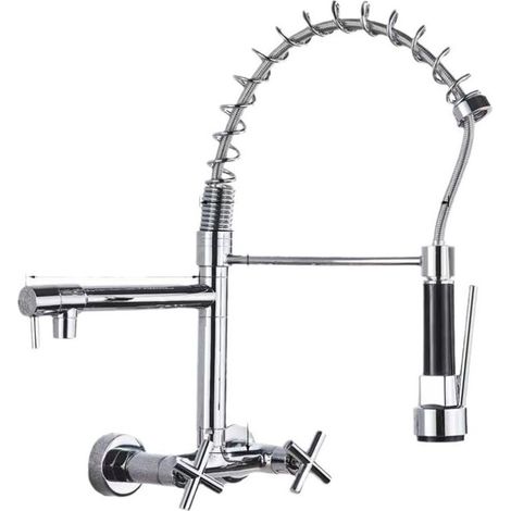 Wall-Mounted Kitchen Faucet, Pull-Out Spout, 360° Swivel Sink Faucet with 3 Spray Modes, Silver Plated (1/4)