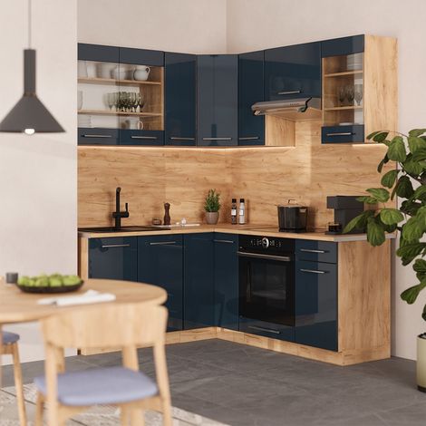 Armoires de cuisine Fame-Line, Bleu foncé brillant/Chêne de force doré, 190 x 160 cm sans PT, Vicco