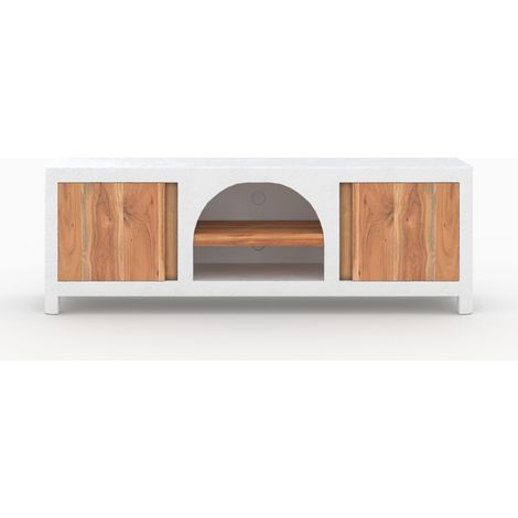Rendez-Vous Déco – Meuble TV en béton blanc cassé 145 cm – Bois d'acacia – 2 portes et 2 niches – Trou pour passage de câbles – Style bohème