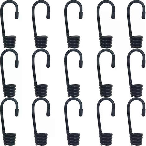 Lot de 15 crochets élastiques de 20 cm (8 pouces) de long, recouverts de plastique, en fil spiralé, diamètre 9 mm, pour le camping et les activités de plein air en voiture. (1/4)
