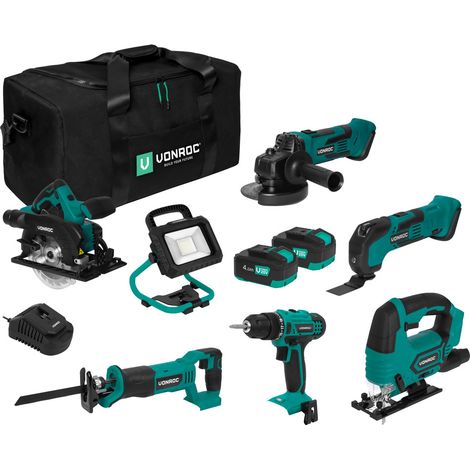 Vonroc – Pack d'outils électroportatifs 20V – 6 machines avec 2 batteries 4.0Ah et chargeur – Perceuse, scie sauteuse, meuleuse, scie circulaire (1/5)