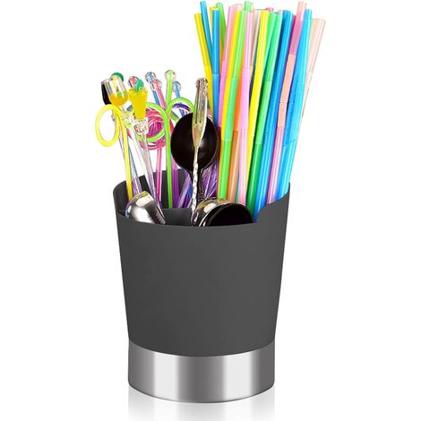 Porte-ustensiles,Pot Ustensiles Cuisine, distributeur de pailles organiseur de couverts avec base en acier inoxydable pour bar et café,13.5x13.5x17cm (1/4)