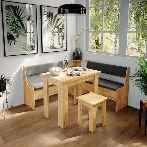 Conjunto con banco esquinero Roman, Roble dorado, 150 x 41.5 cm con mesa, Vicco