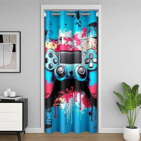 Rideau Occultant Gamepad Rideau de Porte 200x200 Graffiti de Jeu Rideaux Porte Enfants Garçons Hommes Jeux Vidéo Grunge Hippie Bleu Rose Rideaux de Placard - 106L X 203H cm (1 Panneaux) (1/5)