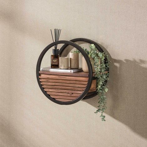 Etagère murale ronde bois d'acacia foncé 1 tiroir Ø40 cm NAKO (1/5)