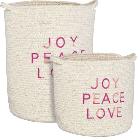 Lot de 2 paniers de rangement en coton blanc avec poignées et messages Joy Peace Love - PANGIVO (1/2)