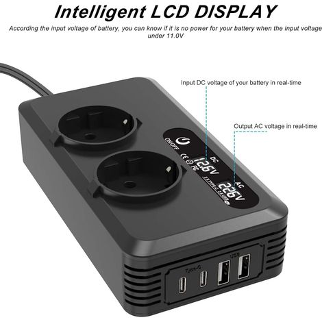 Convertitore di tensione per auto da 200 W, da 12 V a 220 V, con 2 prese di ricarica, 2 porte USB e 2 porte Type-C, adattatore per accendisigari auto. (1/2)