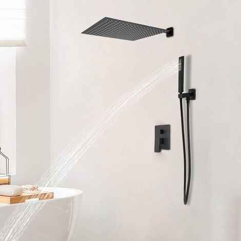 Kit de douche encastré, noir, 40 x 40 cm, système de douche à effet pluie, en acier inoxydable, douche de pluie et douchette en laiton, corps en laiton