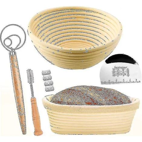 Set di 2 cestini per la lievitazione del pane con kit, ciotole da forno rotonde e ovali, coltello e raschietto per impasto. (1/5)