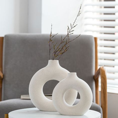 Vase rond en céramique blanc cassé pour décoration florale salon (lot de 1, boîte incluse) (1/5)