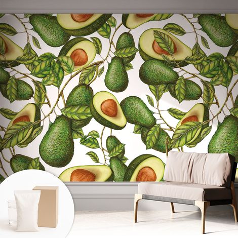 Fototapete - Tapete Vliestapete mit Kleber - Wandtapete Moderne Wandbild Schlafzimmer Wohnzimmer Avocado-Muster 312x219 cm (1/5)