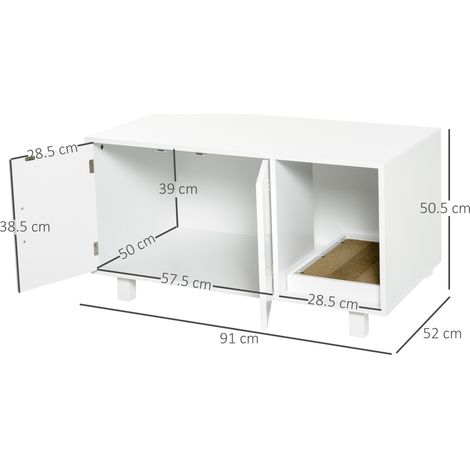 Armoire de rangement en bois pour litière pour chat, avec deux portes et une ouverture latérale, comprenant un griffoir, blanche. (1/5)