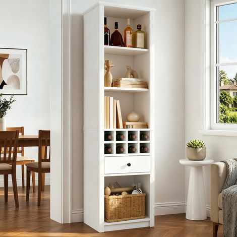 Vitrine haute LED 200 cm, meuble de rangement ouvert 1 tiroir, MDF blanc, 55x40x200 cm (1/5)