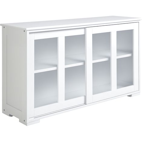 Mobiletto da cucina moderno con 2 ante scorrevoli in vetro e ripiano regolabile, 107x33x62,5 cm, colore bianco.