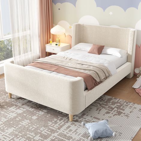 Cama infantil 90x200 cm beige de terciopelo con estampado espacial y somier (1/5)