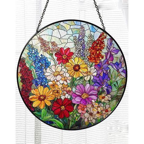 Buntglas-Sonnenfänger mit Wildblumenmotiv, 9 cm, florale Fensterdekoration (1/5)