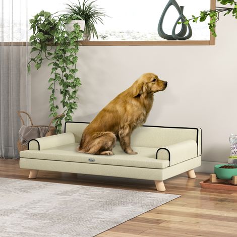 Divano per cani/gatti dal design scandinavo con cuscino morbido sfoderabile e gambe in legno massello, 100 x 62 x 32 cm, beige.
