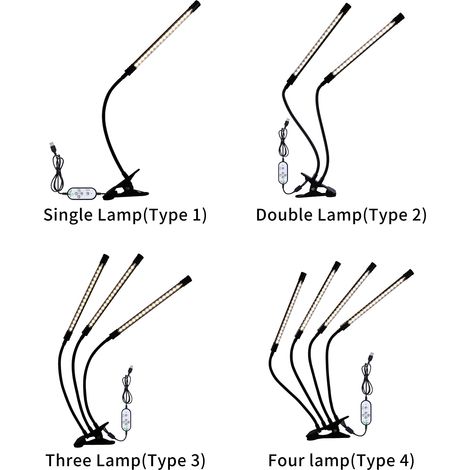 4-flammige LED-Pflanzenlampe, Vollspektrum-Weißlicht, 4/8/12-Stunden-Timer, 5 Helligkeitsstufen, Klemme, Pflanzenlampe für Zimmerpflanzen und Sämlinge, verstellbarer Schwanenhals, USB-Anschluss, simul (1/2)