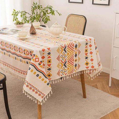 Round tablecloth with bohemian style tassels, waterproof, colorful and black and white – Dining tablecloth – Festival – Indoor and outdoor (color: 140 x 180 cm)