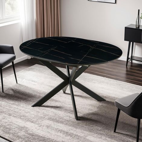 M&S – Table extensible 110/150 cm – Plateau effet marbre noir – Piètement en métal – Dimensions 110x76 cm – Pour salle à manger moderne