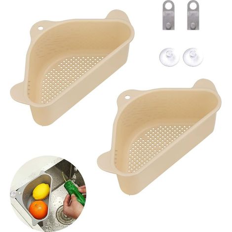 2 piezas Escurridor de Fregadero Triangular, Cestas de Drenaje para Fregadero con Ventosa Multifuncional, Escurridores para Cocina y Baño (Beige) (1/4)