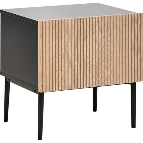 Mesita de noche moderna MDF frente acanalado de madera de fresno natural mesilla dormitorio 1 cajón negro Blythe