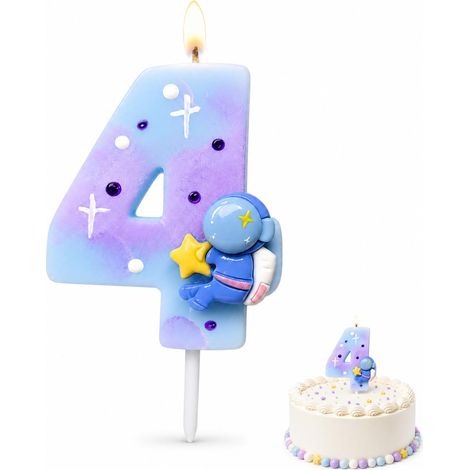 Bougie d'anniversaire 4 ans astronaute, bougie chiffre 4 bleu (1/5)