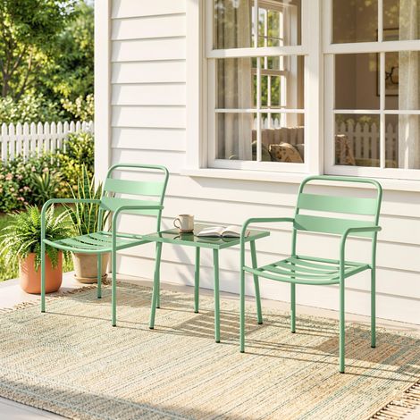 Ensemble bistrot de jardin 3 pièces - table basse en verre trempé et 2 chaises à lattes, cadre en acier galvanisé, vert (1/5)