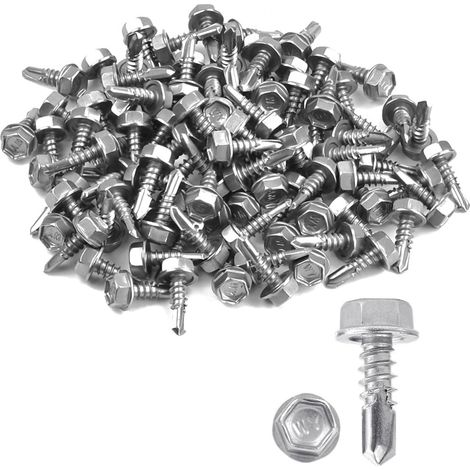 100PCS Vis à Métaux à Tête Hexagonale 4,8 x 16 mm Vis Autotaraudeuse Inox Vis Autoforeuse Metal Vis à Bois Autotaraudeuses en Acier Inoxydable pour Fixation de Tôle, Matériel de Construction (1/5)