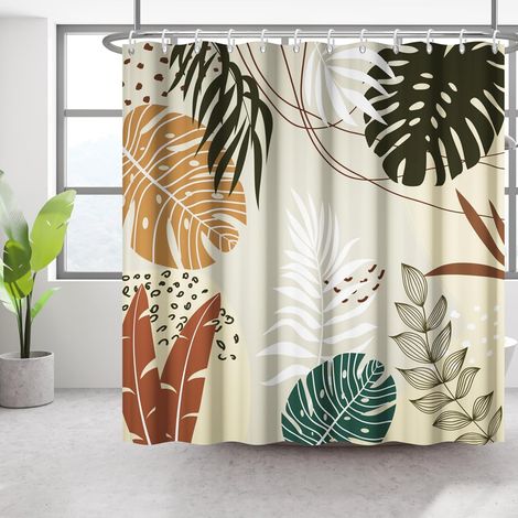 183x213cm Boho botanique Rideau de Salle de Bain étanche Abstrait Plante Rideau de Douche Aquarelle Milieu du siècle Plante Tropicale Rideaux de Douche Lavable Baignoire Rideau décoratif (1/5)