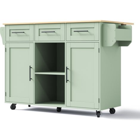 Carro de cocina verde con encimera efecto madera, mesa abatible y ruedas 139 x 46(71) x 91,5 cm (1/5)