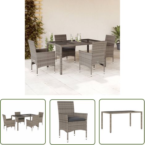 The Living Store 5-tlg. Garten-Essgruppe mit Kissen Grau Poly Rattan und Glas - Gartentisch - Gartenmöbel Set - Esstisch - Gartenset - Outdoor Möbel (1/5)