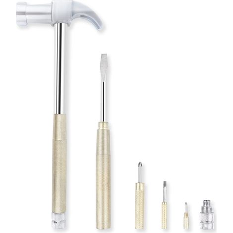 6 en 1 Marteau et tournevis Outil Multitool Set Claw Hammer avec poignée antidérapante Tête fendue/plate Phillips Screwdriver Nail Puller cadeau pour les amis de la famille (argent jaune) (1/5)