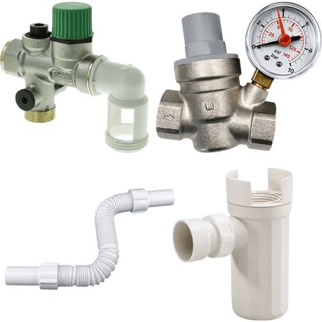 Pack groupe de sécurité coudé 3/4" + siphon + réducteur de pression + flexible d'évacuation