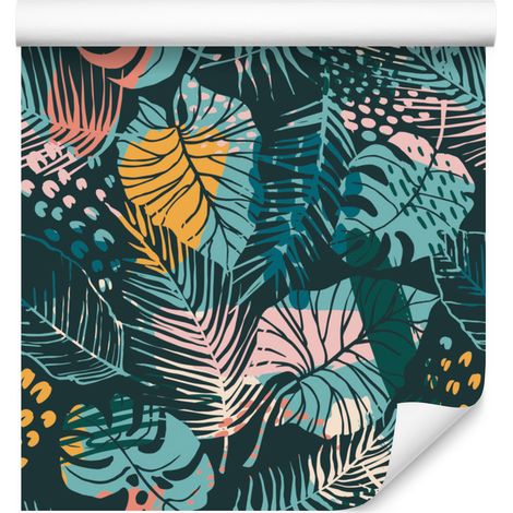 Papier peint tendance à motifs de feuilles tropicales colorées pour salon et chambre 50x1000 cm (1/5)