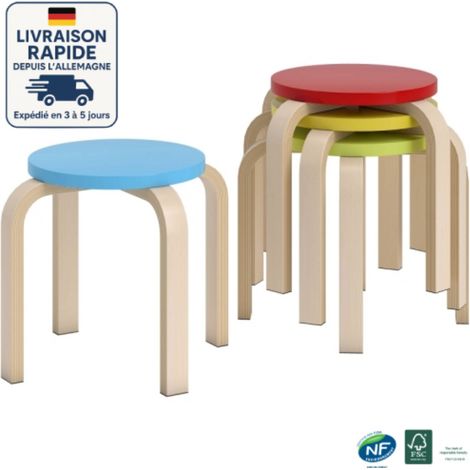 Lot de 4 Tabouret empilable Tabouret - Avec pieds en feutre, contreplaqué de bouleau - Bois Certifié PEFC - 4 couleurs+couleur du bois (1/5)