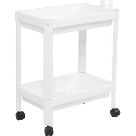 Étagère sur pied en plastique, système de rangement multifonctionnel pour salon, chambre et cuisine, blanche, 2 niveaux (avec roulettes) (1/5)