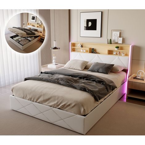 Lit Double 160x200cm, Lit Coffre avec éclairage LED et USB, Lit double rembourré avec espace de rangement, Cadre de Lit, PU, Blanc