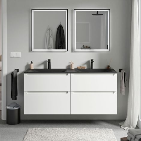 BERNSTEIN - Mueble lavabo doble suspendido MDF blanco mate, lavabos fundición negra mate + orificios grifería, cajone giratorio 120x46x62cm VIREO blanco mate, Negro mate con orificio para grifo.