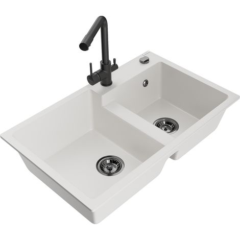 Mexen Tomas fregadero de granito de 2 compartimentos con grifo de cocina Duero, blanco - 6516-20-671600-70 (1/5)