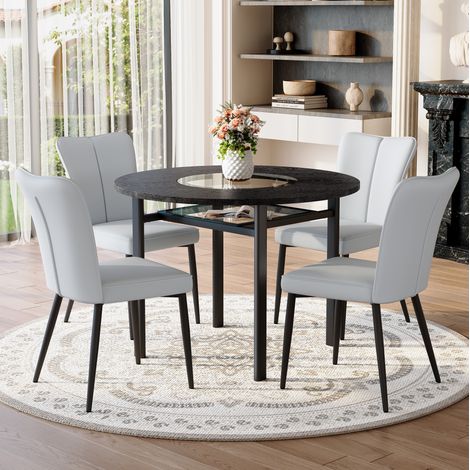 REDOM - Conjunto de mesa de comedor redonda de 100 cm con 4 sillas metal PU gris claro estante de vidrio, MDF vidrio negro (1/5)