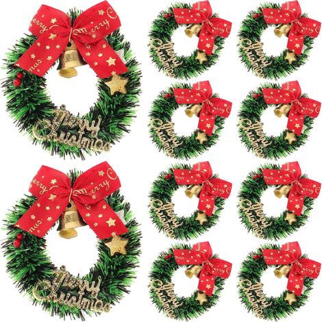 LAOA Set mit 10 künstlichen Mini-Weihnachtskränzen mit Schleifen und Glöckchen, 6,5 cm Miniaturkränze für Bastelarbeiten, Puppenhausdekorationen, Hängende Ornamente für Weihnachtsbäume (1/5)