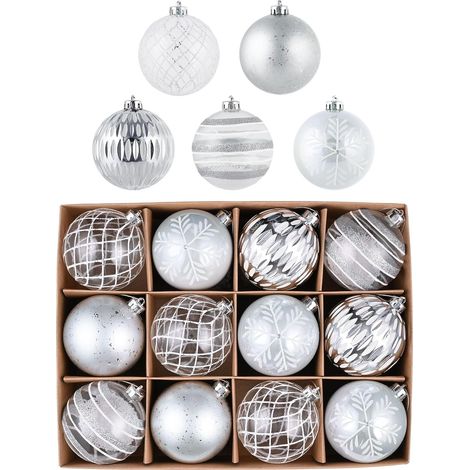 12 adornos de Ø8 cm, blancos/plateados/transparentes, personalizables, irrompibles, para decorar el árbol de Navidad. (1/4)