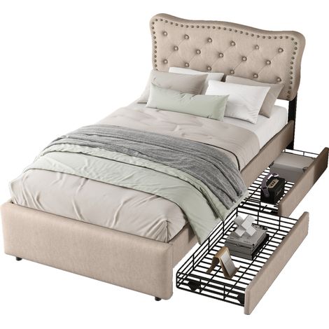 Lit 90x200 cm rembourré en tissu lin MDF beige brun, 2 tiroirs de rangement, tête de lit réglable, sommier à lattes inclus (1/5)