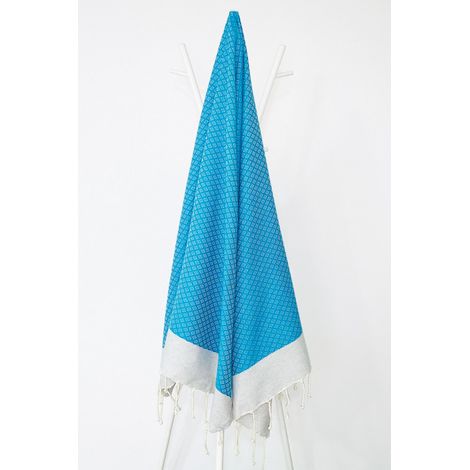 Fouta 100x200 turquoise et gris argent - 100% coton - franges (1/4)