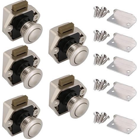 Loquet sans Clé, 5pcs Bouton Poussoir Loquet,Bouton Poussoir tiroir Porte pour Caravane Camping Cabinet Armoire Yachts Voitures Ambulances Meubles Portes Serrure Presse(Nickel Perlé) (1/5)