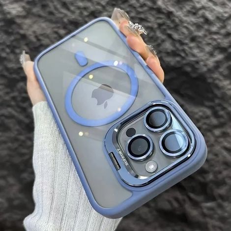 (iPhone 14, bleu clair) Étui de téléphone magnétique antichoc pour iPhone avec support et protection d'objectif en verre.